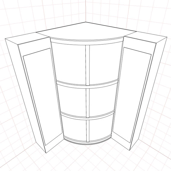 Симметричный выпуклый радиусный (радиальный) шкаф-купе углового исполнения с двумя плоскими зеркальными распашными секциями