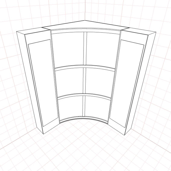 Симметричный вогнутый радиусный (радиальный) шкаф-купе углового исполнения с двумя плоскими зеркальными распашными секциями